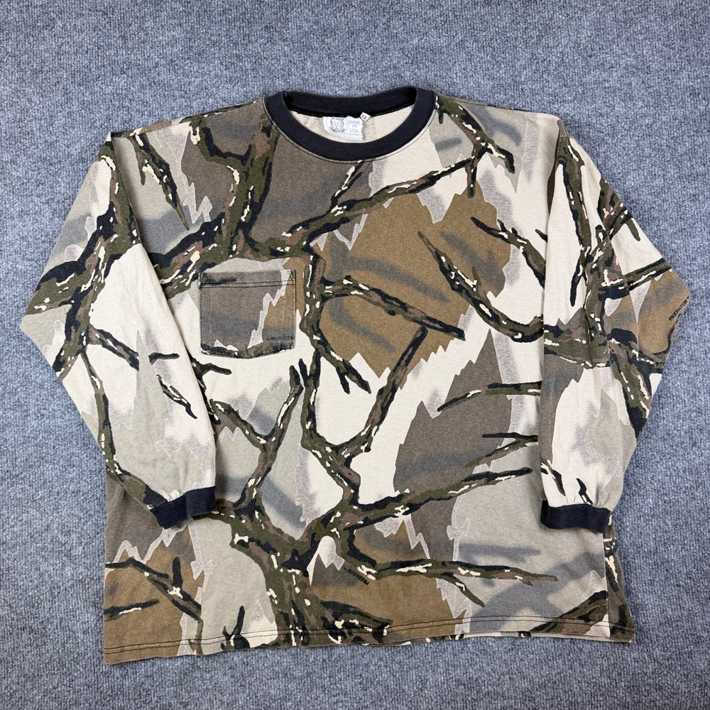 Vintage Predator Camo T Shirt Mens XL Brown Long Sleeve Ringer Made in USA 80s